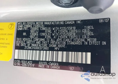 2008 Lexus Rx 350 from USA, damaged, VIN 2T2HK31UX8C073860